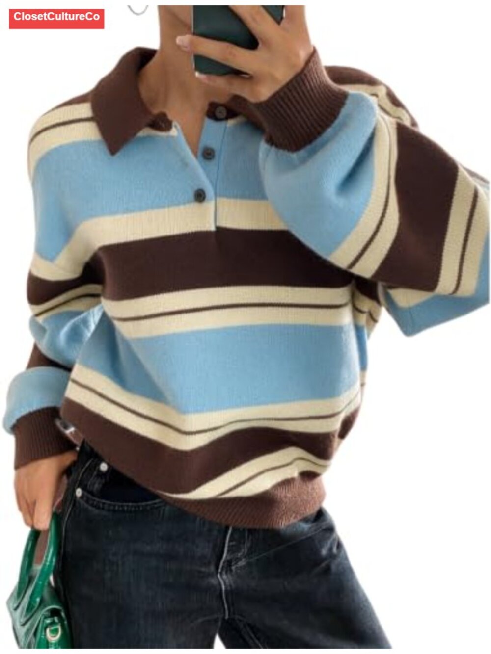 Oversized Striped Button Up Sweater V-Neck Lantern Sleeve Pullover